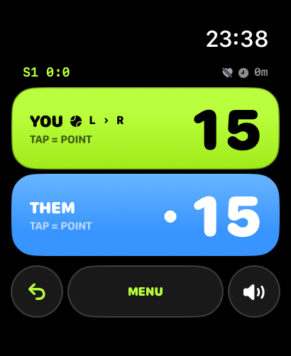 Rally watch screen showing an example tennis score with large green and blue scoring areas